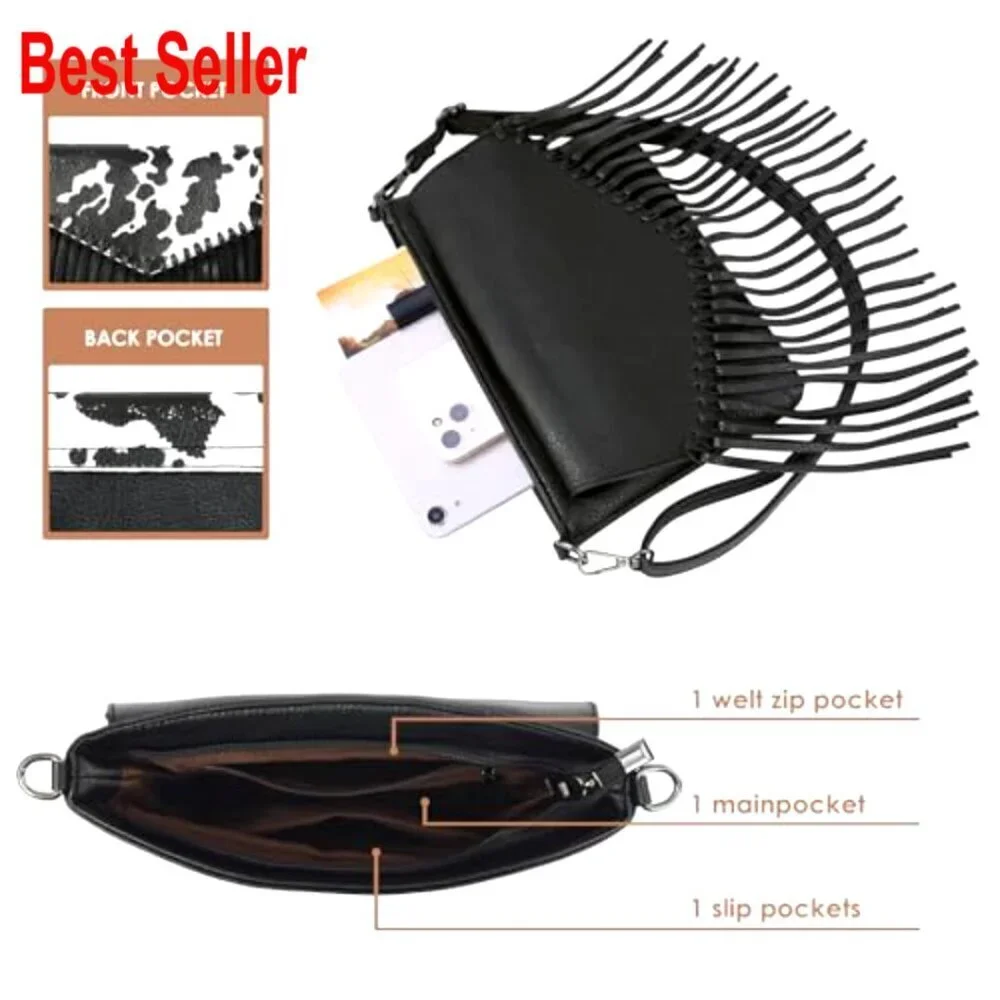 PU Leather Hobo Crossbody Bag with Fringe Tassel Western Style